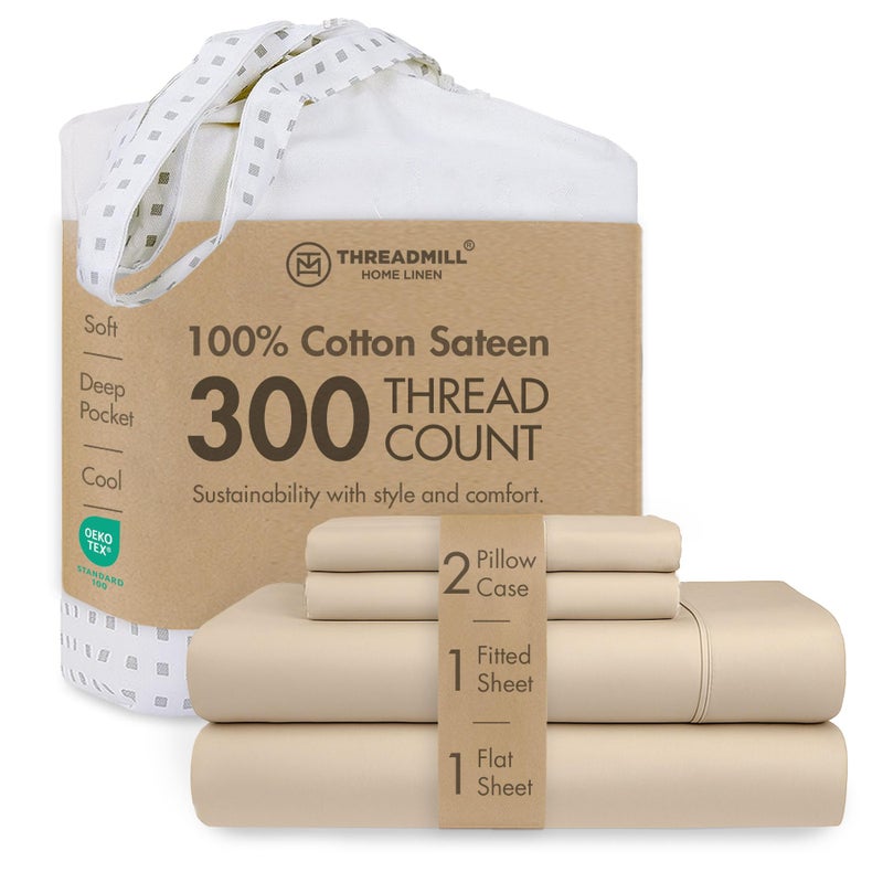 Threadmill 100% Cotton Sheets for King Size Bed | 4 Pc King Bed Sheets Set | Soft, Breathable Lightweight Solid Sateen for All-Season Use | Snug Fit Elastic Deep Pocket King Sheets | Beige - Image 1
